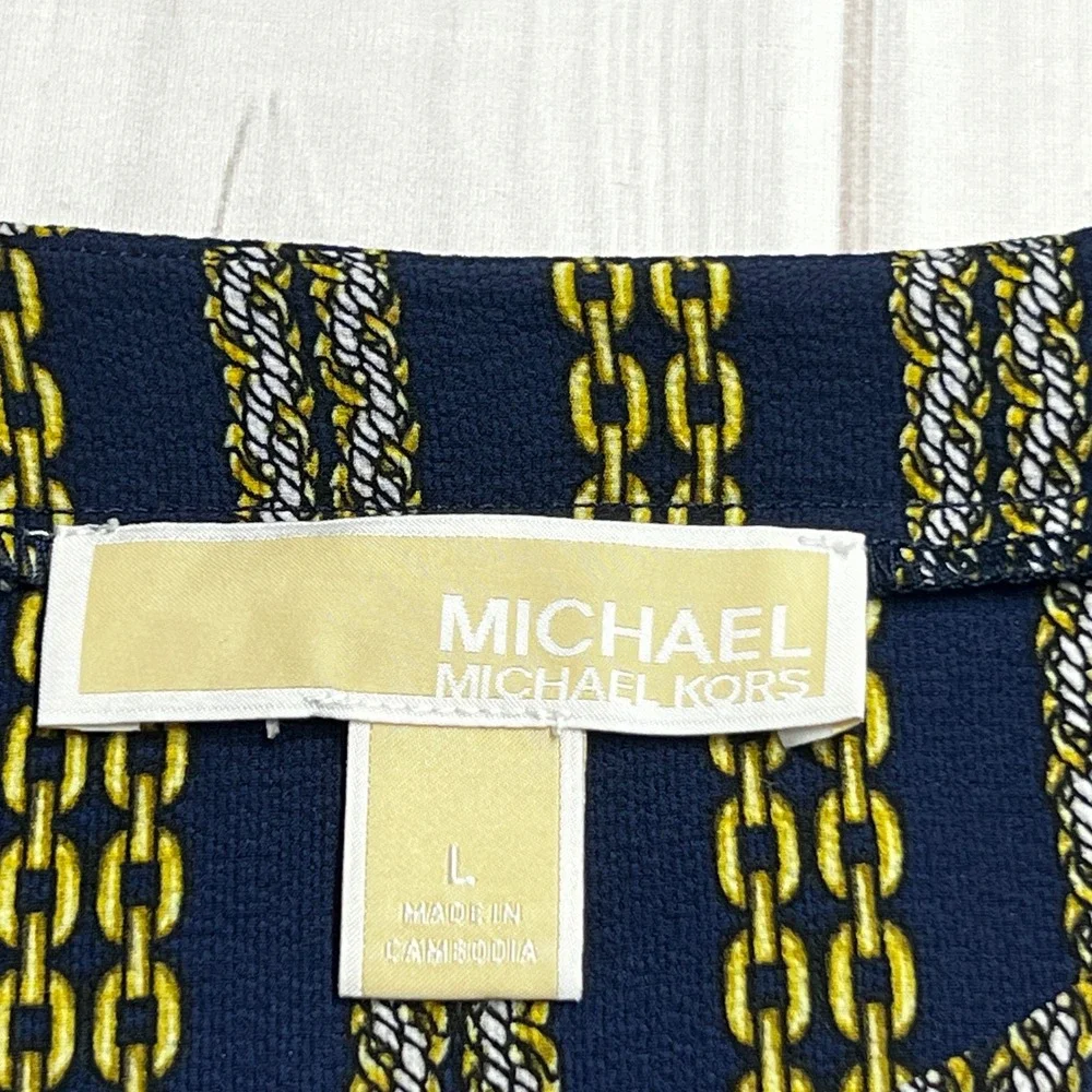 Michael Kors Chain Print Blouse Womens L Blue Gold V-Neck Tie Sleeve Top Office
